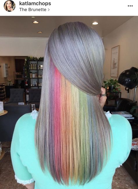 Rainbow Panel Hair, Rainbow Hair Color Ideas, Puding Mangga, Hidden Rainbow Hair, Pastel Rainbow Hair, Hidden Hair Color, Rainbow Highlights, Styles For Summer, Trendy We Fryzurach