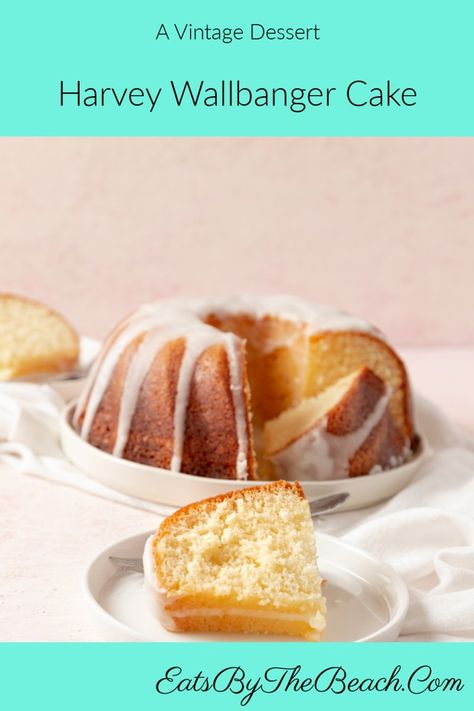 HARVEY WALLBANGER CAKE - Eats by the Beach Harvey Wallbanger Cake Recipes, Harvey Wallbanger Cake, Booze Desserts, Harvey Wallbanger, Box Lemon Cake, Glaze For Cake, Orange Cake Recipe, Lemon Cake Mixes, Boozy Desserts