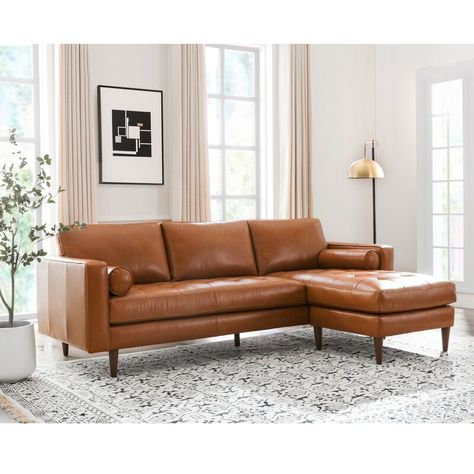 Tan Leather Sectional, Small Scale Sofa, Genuine Leather Sectional, Faux Leather Sectional, Living Room Furniture Styles, Leather Sectional Sofas, Bench Seat Cushion, Leather Sectional Sofa, Tufted Leather