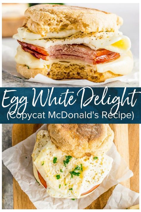 This Egg White Delight Recipe is my favorite Mcdonald's Copycat Recipe! When I used to work in an office, I ate a McDonald's Egg White Delight almost every morning. I'm so glad I've found a healthy & easy breakfast sandwich recipe that I can make at home instead. This delicious sandwich consists of an English Muffin with ham, white cheddar, egg whites, and herbs. Totally delicious! #eggwhitedelight #mcdonalds #breakfastsandwich #eggmcmuffin #ham #egg #cheese #thecookierookie via @beckygallhardin Egg White Patty Recipe, Egg White English Muffin, English Muffin Egg White Sandwich, Egg White Delight Recipe, Mcdonalds Copycat Recipes, Ham Sandwich Recipes, Egg White Breakfast, Mcdonalds Recipes, Realistic Kitchen