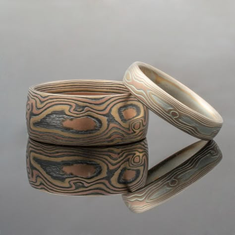 Mokume Gane Wedding Band or Ring Set in Fire Palette and Woodgrain Pattern Mokume Gane Ring, Woodgrain Pattern, Titanium Wedding Rings, Mokume Gane, Custom Wedding Rings, Diamond Alternatives, Wedding Band Sets, Size 10 Rings, Bridal Rings