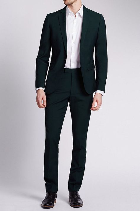 Green slim fit suit, [i]£129.[/i] [link url="http://www.marksandspencer.com/green-modern-slim-fit-suit/p/ds3855d83b27f166e15b3b20f90bb4115b?image=SD_03_T15_1959_J0_X_EC_90&color=GREEN&prevPage=srp"]marksandspencer.com[/link] Green Suits, Green Suit Men, Formal Suits Men, Stylish Mens Suits, Black And White Suit, Black Suit Men, Mens Business Casual Outfits, Modern Suits, Classy Suits