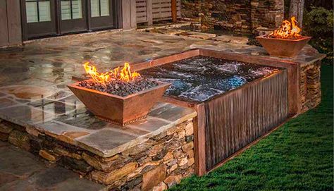 infinity hot tub - Google Search Copper Hot Tub, Built In Hot Tub Ideas Backyard, Mountain Hot Tub, Hidden Hot Tub, Mountain Backyard, Architectural Technology, Custom Hot Tubs, Small Hot Tub, Sunken Hot Tub