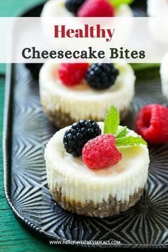 Healthy Cheesecake Bites-  individual cheesecakes lightened up with a greek yogurt filling and oatmeal crust | #cheesecake #healthydessert #healthycheesecake via @healthyfitnessmeals Easy Healthy Cheesecake Recipes, Healthy Cheesecake Bites, Healthier Cheesecake, Healthy Cheesecake Recipes, Oatmeal Crust, Greek Yogurt Cheesecake, Yogurt Cheesecake, Individual Cheesecakes, Cheesecake Bites Recipe