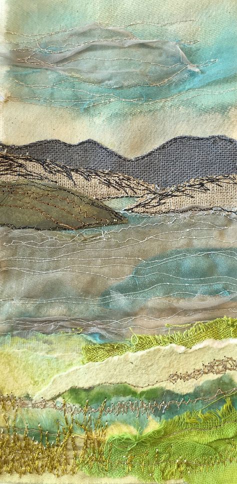 Machine Embroidery Workshops �— Sue Nicholls Designs Fiber Art Landscapes, Landscape Textile Art, Free Hand Machine Embroidery, Landscape Applique, Landscape Quilts Ideas, Applique Landscape, Stitched Landscapes, Landscape Textiles, Fabric Landscapes