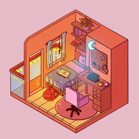 Isometric room by Nadiya Parapustyakova on Dribbble Cute Isometric Room, Room Art Reference, Isometric Room Art, Isometric Art House, Isometric 3d Room, Isometric Room Drawing, Kawaii Isometric, Isometric Room 3d, Isometric Art Illustration