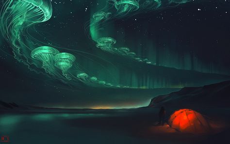 artwork, Fantasy Art, Surreal, Tents, Jellyfish, Glowing, Aurorae, Camping, Night, Stars, Mountain Wallpaper Jellyfish Art, Science Fiction Illustration, Psy Art, Colossal Art, Fantasy Concept Art, Fantasy Illustration, Science Art, Fantasy Landscape, Art Watercolor