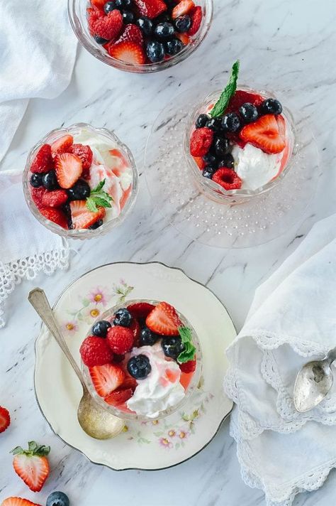 Berries and Cream Dessert Recipe - A delicious bowl of fresh berries and cream where the berries are served over a lovely orange infused whipped cream.  A light and delicious dessert. #berriesandcream #dessert #berries #cream #dessertrecipes #easydesserts Berries And Cream Dessert, Berries And Cream Recipe, Infused Whipped Cream, Cream Desserts Recipes, Berries And Cream, Mary Berry, Cream Desserts, Köstliche Desserts, Lunch Snacks