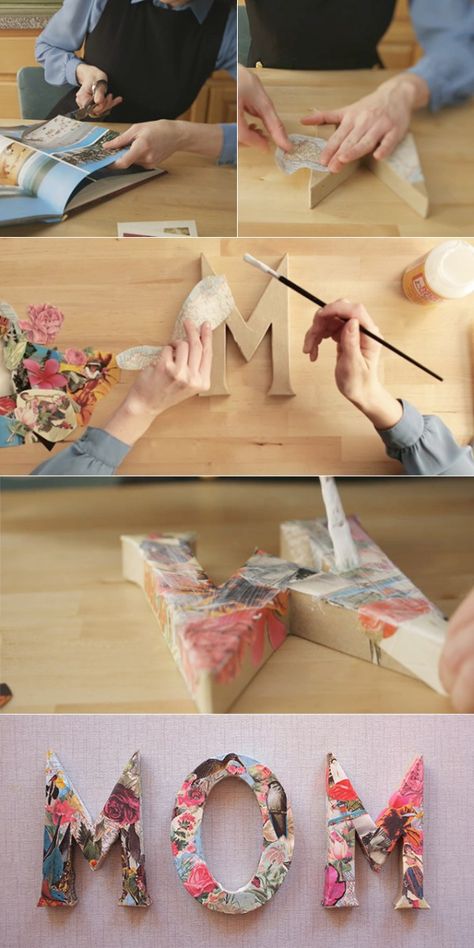 Decoupage Letters, Creative Mother's Day Gifts, Diy Decoupage, Diy Mother's Day Crafts, Letter Diy, Paper Mache Letters, Decoupage Diy, Wall Letters, Diy Letters