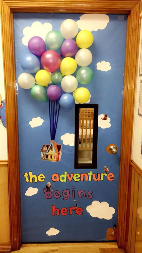 Up door decor Up Door Decoration, Door Themes For Preschool, Preschool Door Decorations Welcome, Graduation Door Decorations, Welcome Classroom Door Ideas, Class Door Decoration Ideas, School Door Ideas, Classroom Door Decoration Ideas, Preschool Door Decorations