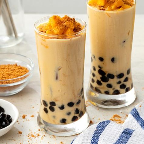 Mango Graham Milk Tea Recipe Taho Filipino, Mango Milk Tea, Mango Graham, Graham Cake, Milk Tea Recipe, Graham Cracker Butter, Tin Cake, Ube Recipes, Milk Tea Recipes