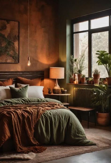 Bali Bedroom Inspiration Interior Design, Earthy Bed Sheets, Green Earth Tone Bedroom, Moody Earth Tone Bedroom, Earthy Bedroom Inspirations, Dark Earth Tone Bedroom, Earth Tone Bedroom Colors, Earthy Master Bedrooms Decor, Green Decor Bedroom