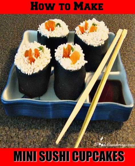 Award Winning Sushi Cupcake Tutorial- step by step instructions on how to make mini sushi cupcakes Sushi Birthday Party Ideas, Contest Winning Recipes, Sushi Birthday Party, Easy Bake Sale Ideas, Sushi Cupcakes, Sushi Birthday, Nori Sushi, Food Art Ideas, Bake Sale Treats