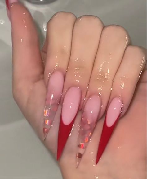 Vday Stilleto Nails, Valentines Stelitto Nails, Red Stelitto Nails Long, Valentine Stilleto Nails Designs, Red Stiletto French Tip Nails, Stilleto Nails Valentine, Valentines Day Nails Acrylic Stiletto, Red French Stiletto Nails, Red French Tip Stiletto Nails