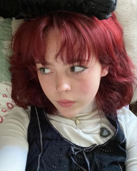 Short Red Hair Bangs, Short Red Dyed Hair, Red Short Hair With Bangs, Short Red Hair Aesthetic, Red Hair And Bangs, Short Red Curly Hair, Short Red Hair With Bangs, Short Dark Red Hair, Bangs Red Hair