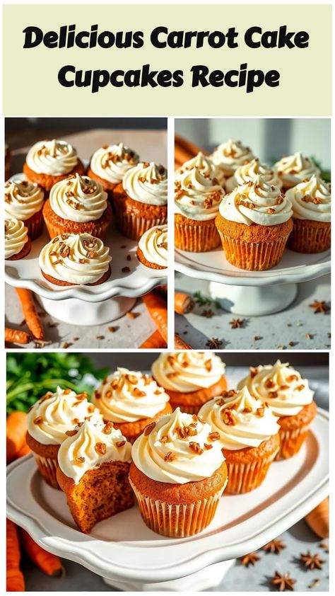 Delight in these moist Carrot Cake Cupcakes, packed with carrots and crushed pineapple, topped with creamy frosting. A sweet treat for any occasion! Carrot Cake Box Mix Recipes Cupcakes, Cupcake Carrot Cake, Carrot Cake With Crushed Pineapple, Mini Carrot Cake Cupcakes, Moist Carrot Cake Cupcakes, Carrot Cake Cupcakes Recipe, Healthier Dessert Options, Mini Carrot Cake, Moist Carrot Cake