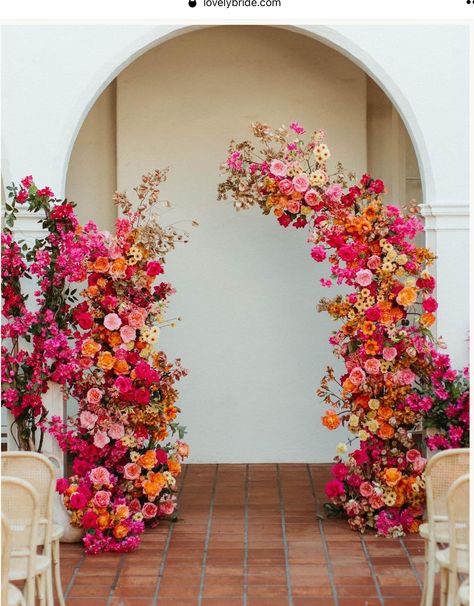 Pink And Orange Wedding Palette, Flower Canopy Wedding, Pink Orange White Wedding Flowers, Bright Flower Wedding Decor, Wedding Ceremony Alter Flowers, Colourful Flower Arch Wedding, Rooftop Wedding Reception Decor, Spring Wedding Reception Tables, Colorful Flower Arch Wedding