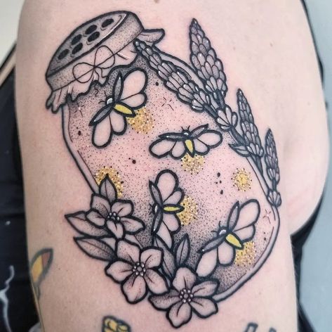 Random Filler Tattoos, Jar Of Fireflies Tattoo, Glow Bug Tattoo, Milk And Honey Tattoo, Glow Worm Tattoo, The Used Tattoo, Firefly Hand Tattoo, Pickle Jar Tattoo, Lighting Bugs Tattoo