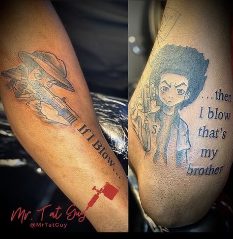 Boondocks Brothers Tattoo, Matching Tats For Brothers, Matching Tattoo For Brothers, Eat Or Get Ate Tattoo, Brother And Brother Tattoos, Matching Tattoos Cartoon, Sibling Matching Tattoos Brother Sister, Brother Matching Tattoos, Matching Tattoos For Best Friends Men