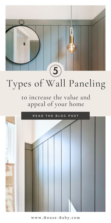 Top 5 Types of Wall Paneling in Interior Design to increase the appeal and value of your space including board and batten wall in a bedroom, board and batten picture rail, board and batten in a living room, simple modern vertical shiplap painted dark in a powder room, wainscoting in modern living spaces, modern beadboard. #ModernWallPaneling #WallPanelTrends #InteriorDesign2023 Decorating Above Board And Batten Walls, Board And Batten Wall With Chair Rail, Vertical Shiplap Board And Batten, Modern Board And Batten Half Wall, Kitchen Wall Board And Batten, Colonial Board And Batten, Shiplap And Slat Wall, Wall Panelling Entryway, Different Types Of Board And Batten