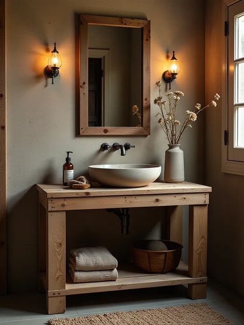 Rustic pallet wood vanity with vessel sink and industrial faucet Simple Vanity Ideas Bathroom, Steampunk Bathroom Vanity, Diy Farmhouse Vanity Bathroom, Cabinet Into Vanity, How To Build A Vanity Bathroom, Diy Rustic Bathroom Vanity Plans, Bathroom Bowl Sink Ideas Wood Vanity, Diy Bathroom Sink Vanity, Diy Bathroom Sink Cabinet