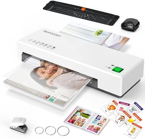 Amazon.com : Laminator, 9" Thermal Laminator Machine for A4, A5, A6, Hot & Cold Laminating Machine with 20 Pouches, Paper Trimmer, Corner Rounder, Hole Puncher, Iron Ring, White : Office Products Work Lifestyle, Laminating Machine, Paper Trimmer, Laminate Sheets, Hole Puncher, White Office, Iron Ring, Sheet Sizes, Office Products