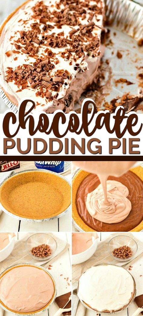 When it comes to no-bake desserts, chocolate pudding pie is the best! This famous pudding pie is made from scratch with just 4 ingredients: pudding and milk, whipped cream, and a graham cracker crust, with a Hershey’s chocolate garnish. Combined, these four simple ingredients make an amazing creamy, chocolate pie that is the perfect ending to any meal. Chocolate Cream Pie With Graham Cracker Crust, Chocolate Cream Pie With Pudding Jello, Pudding And Whipped Cream Desserts, Pudding Pie Recipes Jello, Chocolate Graham Cracker Crust Recipe, Easy Pie Recipes No Bake Graham Cracker Crust, Desserts With Chocolate Pudding, Recipes With Chocolate Pudding, Chocolate Pudding Pie Easy Jello