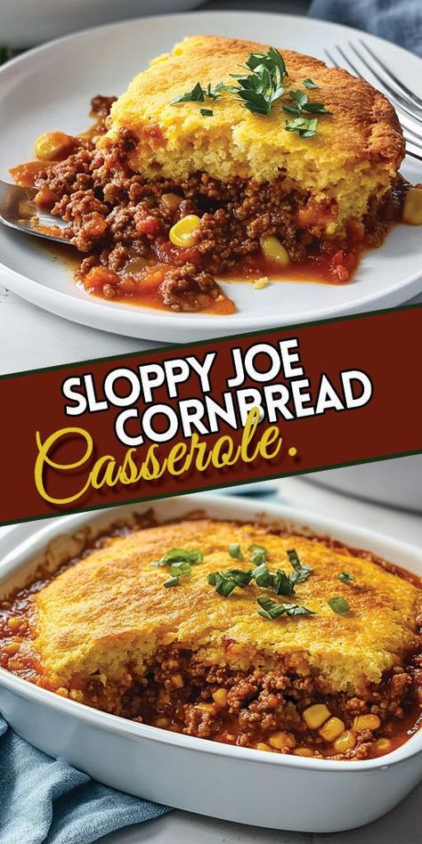 Ingredients: 1 pound ground beef 1/2 cup onion, chopped 1/2 cup green bell pepper, chopped 1 can (15 ounces) sloppy joe sauce 1 box (8.5 ounces) cornbread mix 1/3 cup milk 1 egg 1 cup shredded cheddar cheese #cornbread #easyrecipes #camilarecipes Weight Watchers Sloppy Joe Casserole, Hamburger And Corn Casserole Recipes, Ground Beef With Cornbread Recipes, Crockpot Sloppy Joe Casserole, Mexican Casserole With Beef Cornbread, Few Ingredient Meals Ground Beef, Hamburger Meat And Cornbread Recipes, Cornbread Sloppy Joe Casserole Jiffy, Sloppy Joe Cornbread Bake