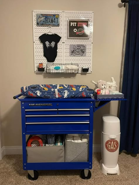 Tools Nursery Theme, Semi Truck Nursery Theme, Biker Nursery Theme, Truck Theme Nursery, Man Cave Nursery Theme, Tool Nursery Theme, Car Themed Nursery Vintage, Toolbox Changing Table Nursery Ideas, Boy Nursery Car Theme