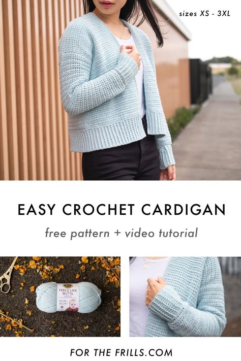 The softest cardigan you’ll ever crochet! Made with Lion Brand’s Feels Like Butta yarn this simple crochet pattern is a free pattern on the blog and there’s a video tutorial! This easy crochet pattern uses single crochet and half double crochet stitches and ranges from sizes XS – 3XL #crochetcardigan #easycrochet #springcrochet #crochettutorial #freecrochet #freepattern #simplecrochet #easycardiganpattern #crochetsweater Simple Crochet Cardigan, Crochet Cardigan Free Pattern, Cardigan Free Pattern, Cardigans Crochet, Crochet Cardigan Free, Half Double Crochet Stitch, Crochet Baby Cardigan, Crochet Shawl Pattern Free, Simple Crochet