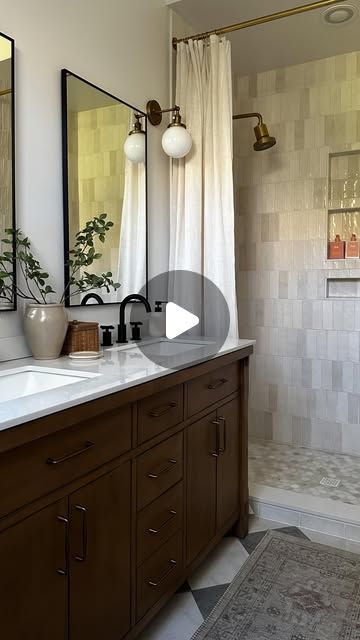 Kendra | Harbor + Pine on Instagram: "Comment SHOP for the link to my favorite tile! ✨ I’ve been sharing different parts of our master bathroom this past week and I can’t forget about my shower! It’s truly one of my favorite spaces in our home—and if you’re thinking this tile looks familiar, you’re not wrong! We loved it so much in here, I knew I wanted it in my kitchen too!!

Common questions about this space:
- We plan the tiles randomly, so the variation would look organic
- We used Mapei White Grout
- Our bathroom floor tiles are discontinued 
- We used Schulter Systems for the edge tile in the shower 
- It’s easy to clean!! Though there’s nothing I despise more than cleaning the shower, but that’s a personal preference haha" Earthy Tile Bathroom, Lvp Bathroom Floors, Bathroom With Black Floor, Tile Floor In Bathroom, Bathroom Floor Ideas, Marble Bathroom Floor, White Grout, Shower Tile Ideas, Double Vanity Bathroom