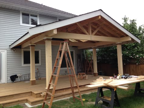 Partially Covered Back Deck Ideas, Roof Over Porch Ideas, Cathedral Covered Deck, Gable Deck Roof Attached To House, Porch Overhang Ideas Patio, Back Porch Designs Layout, Adding A Roof To An Existing Deck, Partially Covered Deck Ideas, Covered Back Porch