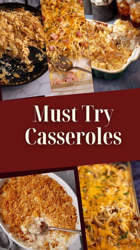 A collage of dinner casseroles. Casserole Recipes For Funerals, Family Reunion Casseroles, Casserole Dishes For A Crowd, Make Ahead Casserole Recipes For Dinner, Best Casserole Recipes For Dinner, Church Casseroles Potlucks, 8x8 Casserole Recipes, Casseroles For A Crowd Main Dishes, Casseroles For A Crowd