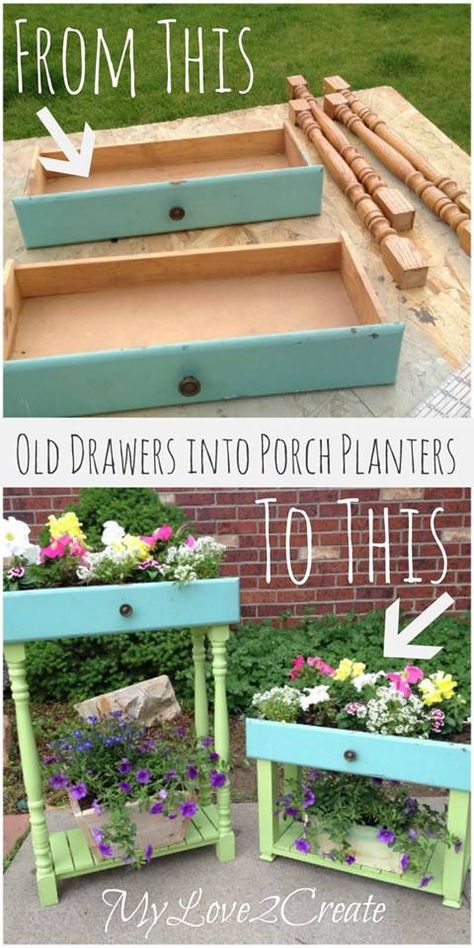 Repurpose old dresser drawers, add legs, into planter flower boxes or tables for vintage cottage style home or garden Drawer Planters, Drawer Projects, Broken Dresser, Beautiful Planters, Drawer Ideas, Dresser Ideas, Adirondack Furniture, Colorful Planters, Porch Planters