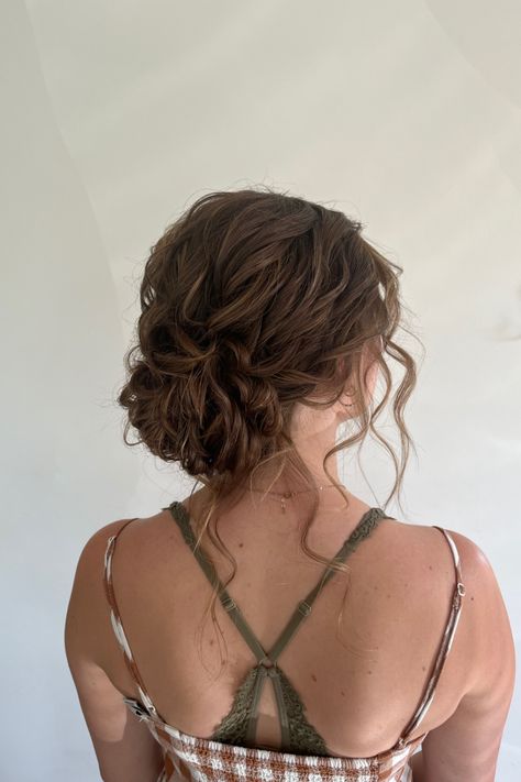 Messy Low Bun For Wedding, Low Bun With Braids Wedding Hair, Hairstyles For Mayon Function, Messy Bun Hoco Hair, Prom Low Updo, Bridal Bun Messy, Wedding Hair Low Messy Bun, Braided Bun Prom Hair, Bridesmaid Hair Low Updo