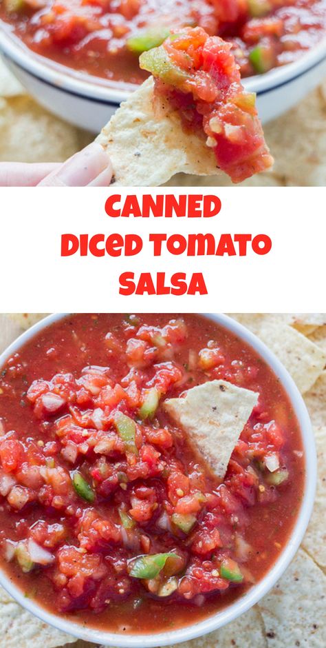 You can make this delicious salsa with canned diced tomatoes! Just add green peppers and onions! It's a great salsa that you can have ready in minutes! Easy Salsa With Canned Tomatoes, Quick Salsa Canned Tomatoes, Salsa With Crushed Tomatoes, Salsa Made From Canned Tomatoes, Easy Homemade Salsa With Canned Tomatoes, How To Make Salsa With Canned Tomatoes, Salsa With Canned Tomatoes Recipes, Canning Salsa With Canned Tomatoes, Salsa Recipe With Celery