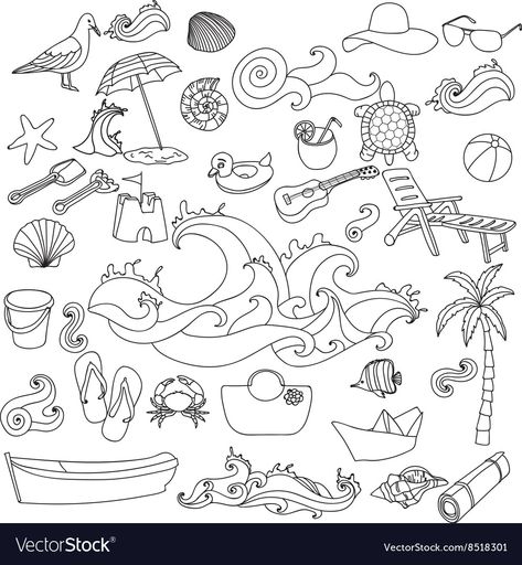 Summer Line Drawing, Beach Line Drawing, Beach Symbols, Summer Symbols, Beach Doodles, Tunnel Books, Summer Doodles, Team Drawing, Beach Coloring Pages