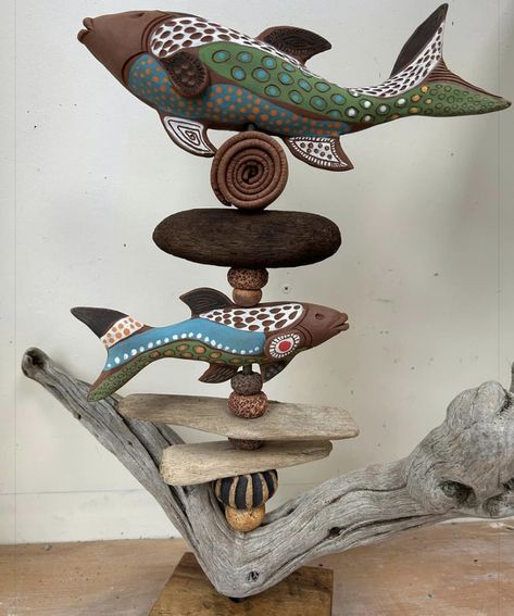 Deep Sea Art, Jena Bedson, Garden Stacks, Ceramic Totem Poles, Small Clay Projects, Clay Totem, Ceramic Totem, Ceramic Totems, Totem Pole Art