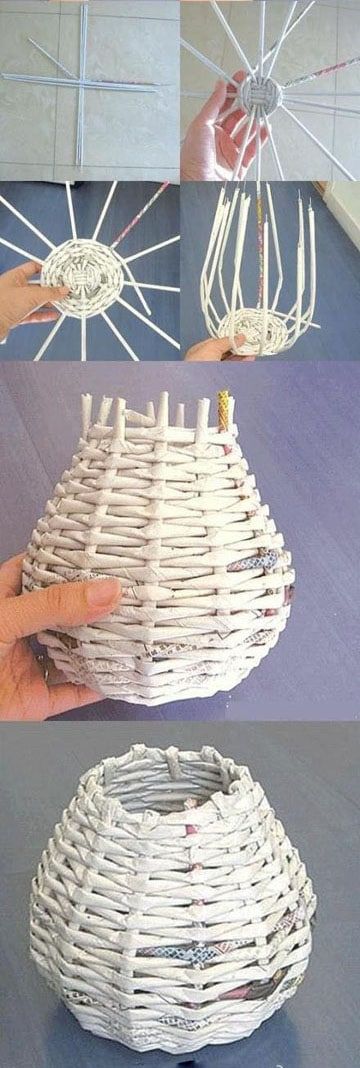 como hacer floreros de papel paso a paso Paper Basket Weaving, Sustainable Diy, Beach Crafts Diy, Diy Paper Art, Basket Weaving Patterns, Newspaper Basket, Weaving Tutorial, Paper Weaving, Newspaper Crafts