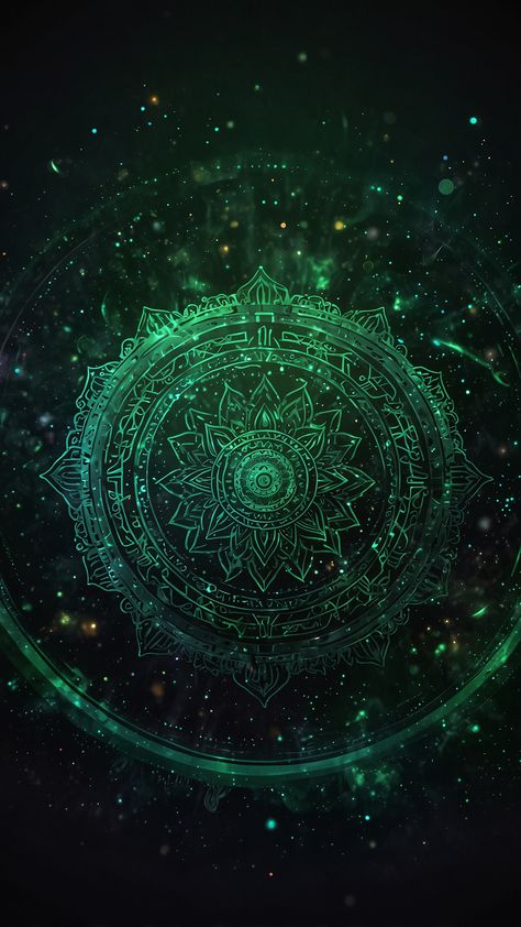 a green mandala wallpaper with a panning effect, surrounded by galaxy elements, futuristic touches, and a synthwave art style Scp Creatures, Galaxy Elements, Mystic Backgrounds, Hamsa Hand Tattoo, Synthwave Art, Green Mandala, Sci Fi Landscape, Green Galaxy, Mandala Wallpaper