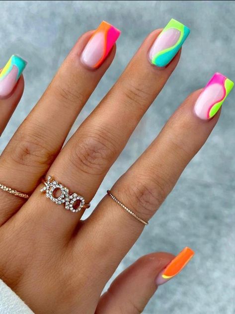 Multicolored Nails, Colorful Nails, Summery Nails, Summer Nails Colors, Neon Nails, Beach Nails, Short Acrylic Nails, Nail Arts, Best Acrylic Nails