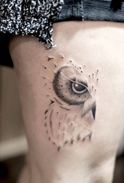 Eye and feather_abstract owl thigh tattoo by @noiram_tattoo Abstract Owl Tattoo, Snowy Owl Tattoo, White Owl Tattoo, Owl Thigh Tattoos, Owl Feather Tattoos, Owl Eye Tattoo, Mens Owl Tattoo, Eye Tattoo Design, Barn Owl Tattoo