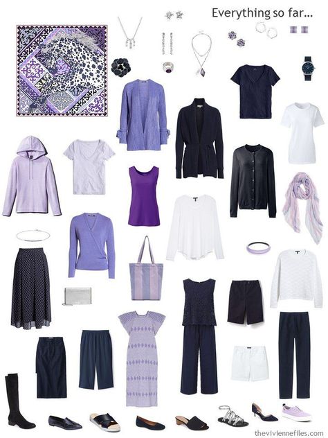 9. capsule wardrobe in navy and white with shades of purple Muted Wardrobe, Pack List, Curated Wardrobe, Minimalism Fashion, Project 333, Hermes Scarves, Plain White Shirt, Vivienne Files, Capsule Wardrobe Essentials