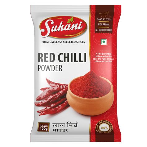 Sukani Spices Red Chilli Powder is beautifully red and hot adding a vibrant colour and desired 'heat' to a dish serving a potent bite. Packed with the utmost care, we ensure that it retains its freshness. Chilli Powder Packaging Design, Kashmiri Chilli, Packet Design, Red Chilli Powder, Labels Design, Rice Powder, Spice Labels, Food Advertising, Pack Design