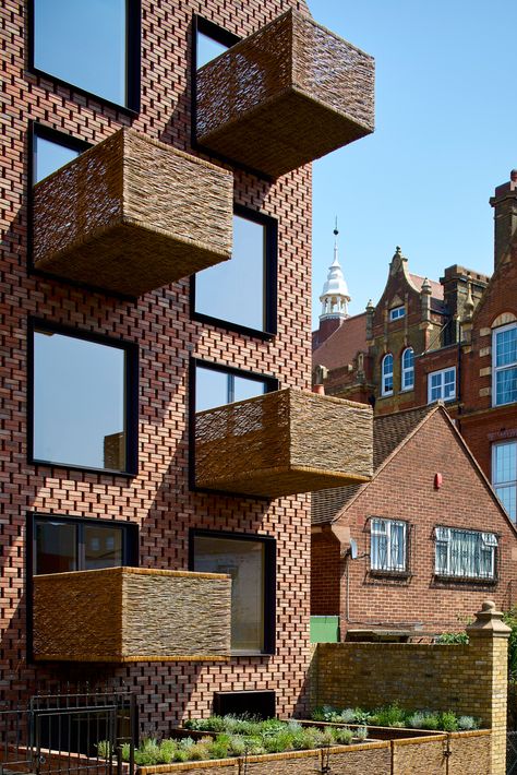 Small Apartment Building, Interior Design Images, Brick Architecture, Timber Structure, Apartment Architecture, Salford, Brick Facade, London Apartment, Timber House