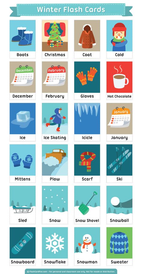 Free printable winter flash cards. Download them in PDF format at http://flashcardfox.com/download/winter-flash-cards/ English Flash Cards, Winter Flashcards, Korean Flashcards, Winter Vocabulary, Korean Grammar, Vocabulary English, Color Words, Esl Vocabulary, Winter Words