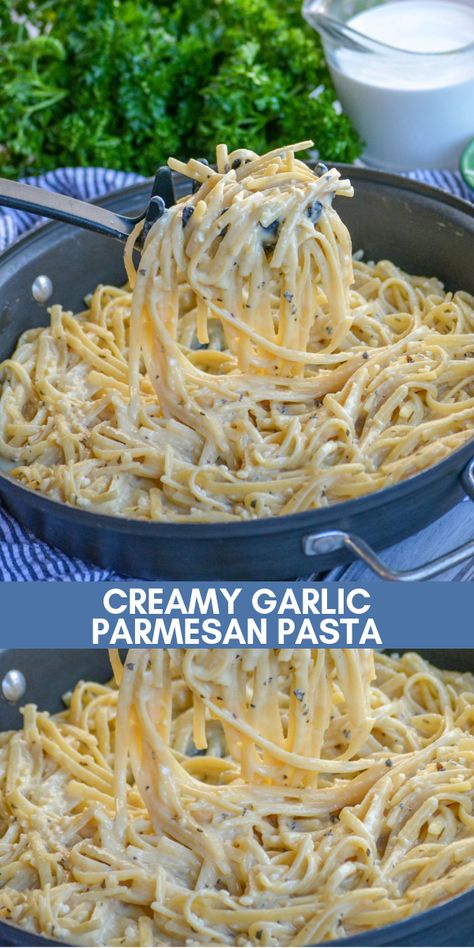 Our creamy garlic Parmesan pasta is a quick 20 minute meal. It’s fast fix, it’s super creamy, and it’s just flat out delicious. It’s a simple pasta dish perfect for lunch or dinner. Put this on your dinner menu now! #pasta #garlicparmesanpasta #pastadish #dinnerrecipe Baked Mozzarella Chicken, Creamy Garlic Parmesan Pasta, Baked Mozzarella, Pasta Recipes Video, Creamy Garlic Pasta, Garlic Parmesan Pasta, Creamy Pasta Recipes, Simple Pasta, Vegetarian Pasta Recipes