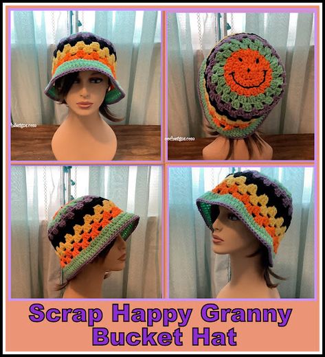 Posh Pooch Designs : Scrap Happy Halloween Bucket Hat Crochet Pattern | Posh Pooch Designs Crochet Halloween Bucket, Granny Bucket Hat, Bucket Hat Crochet Pattern, Bucket Hat Crochet, Bucket Hat Pattern, Hat Crochet Pattern, Halloween Buckets, Yarn Stash, Hat Crochet