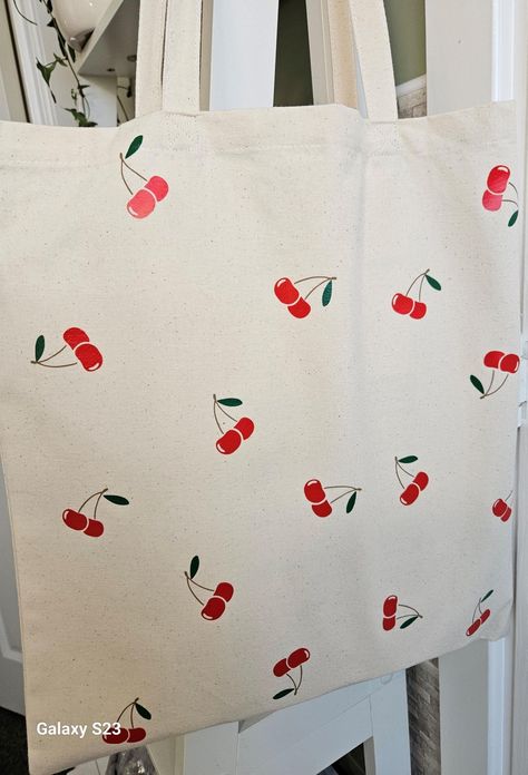 Cherry Tote Bag, Uni Bag, Printed Canvas Bag, Sewing Bags, Small Shops, Cute Tote Bags, Bag Cute, White Colour, Sewing Bag