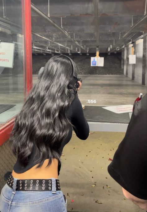 Girl Shooting Range, Shooting Range Outfit Woman, Shooting Range Aesthetic, Shooting Range Outfit, Shooting Sport, Dark Feminine Aesthetic, Future Lifestyle, Long Black Hair, Feminine Aesthetic